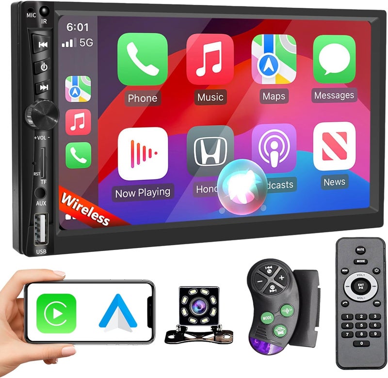 Emeito Upgrade Wireless 7" Double Din Car Stereo with Apple CarPlay Android Auto 178 * 102mm,Touchscreen Car Play Radio for Car,Screen for Bluetooth 5.0, Weatherproof Backup Camera,FM,AUX,Card Slot,USB,SWC - Image 1
